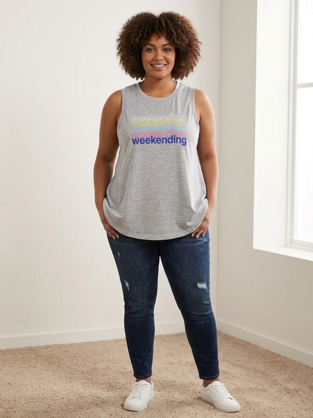 Secret Treasures Gray Graphic Tank Top "Weekending" High-Low Hem XL - 079